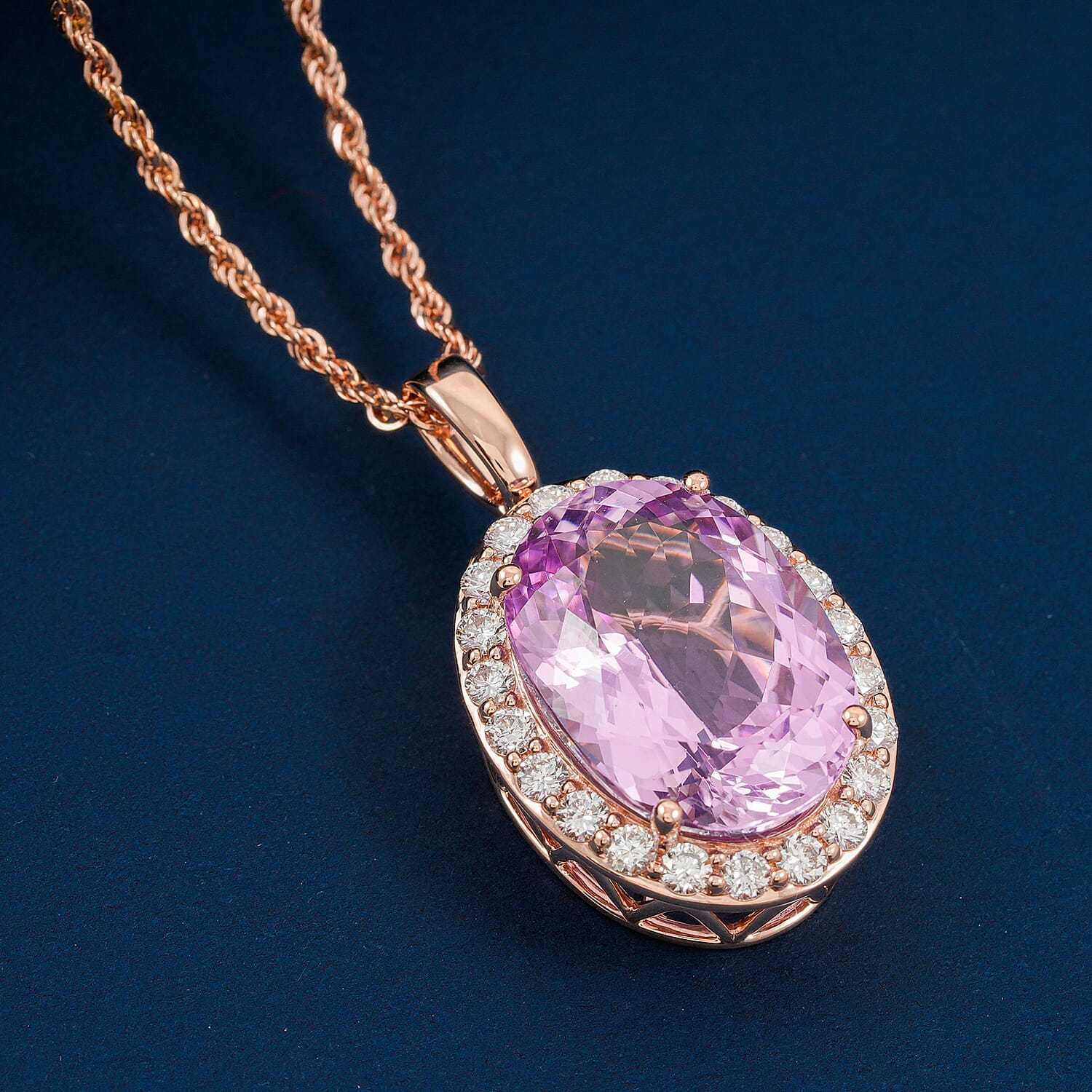 AAA Martha Rocha Kunzite, Lab Grown Diamant Schmuckset ca. 45 cm, AGI zertifiziert und geprüft, 417 Rosa Gold ca. 15.64 ct