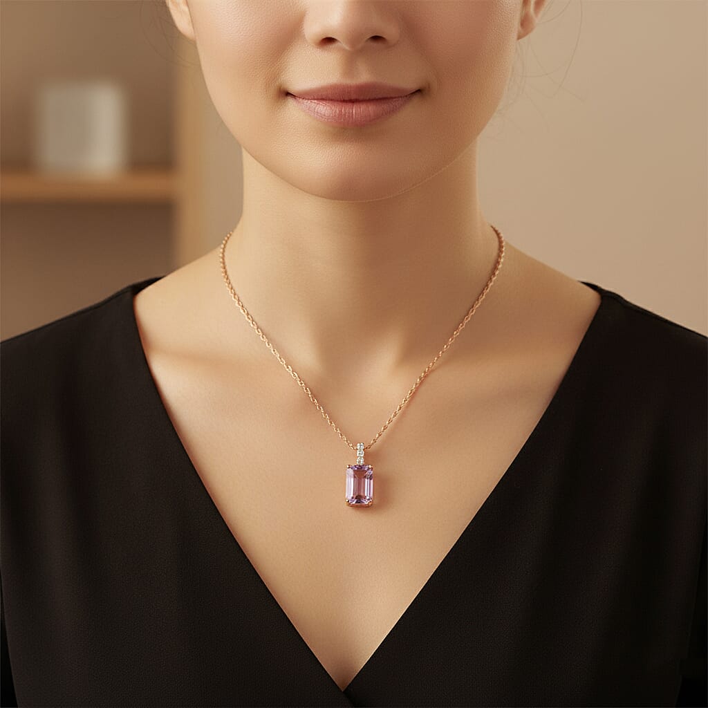 AAA Martha Rocha Kunzite, Lab Grown Diamant Anhänger mit Kette ca. 45 cm, AGI zertifiziert und geprüft, 417 Rosa Gold ca. 14.00 ct