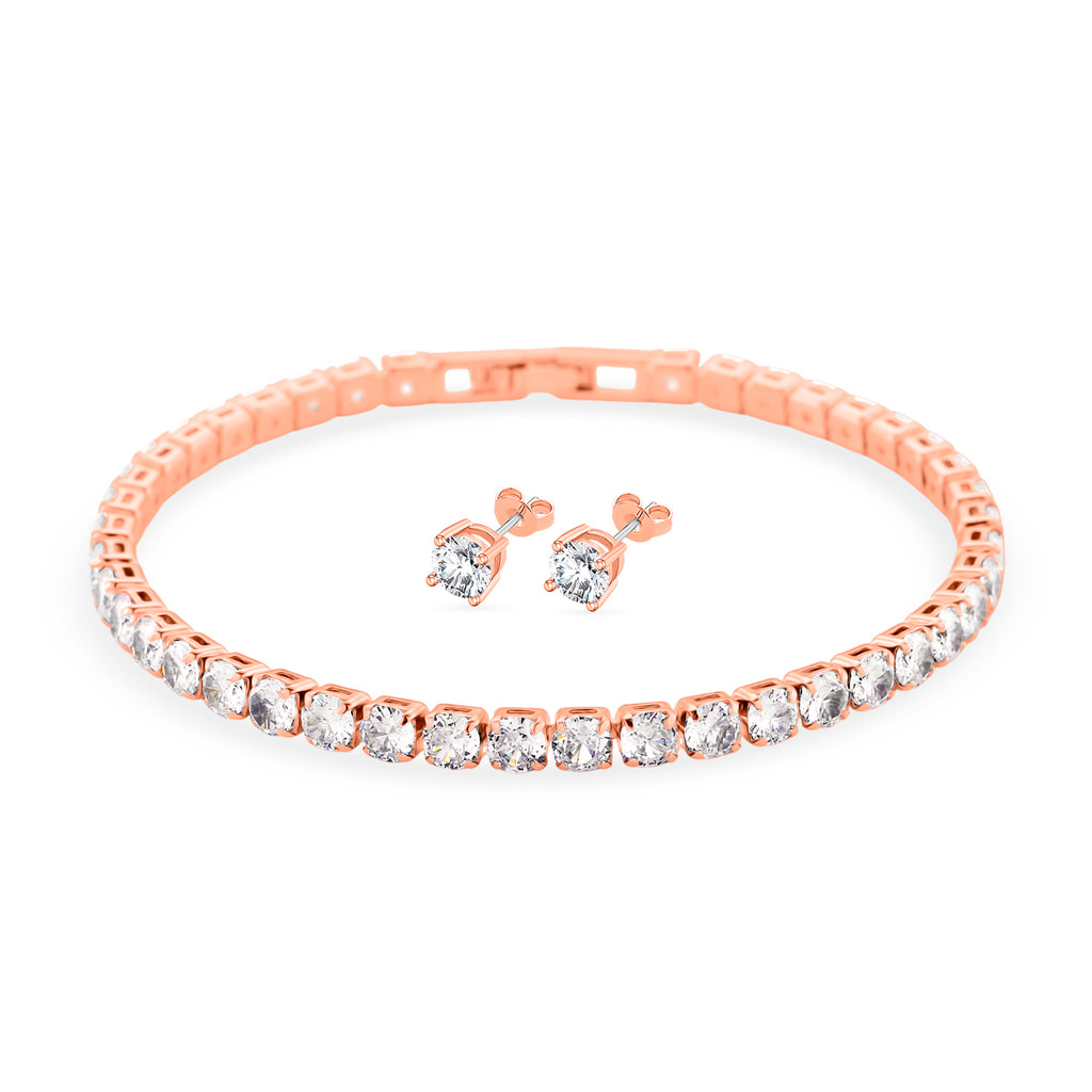 2er Set- Weißer Zirkonia Armband und Ohrringe, Nickelfreies Messing rosévergoldet