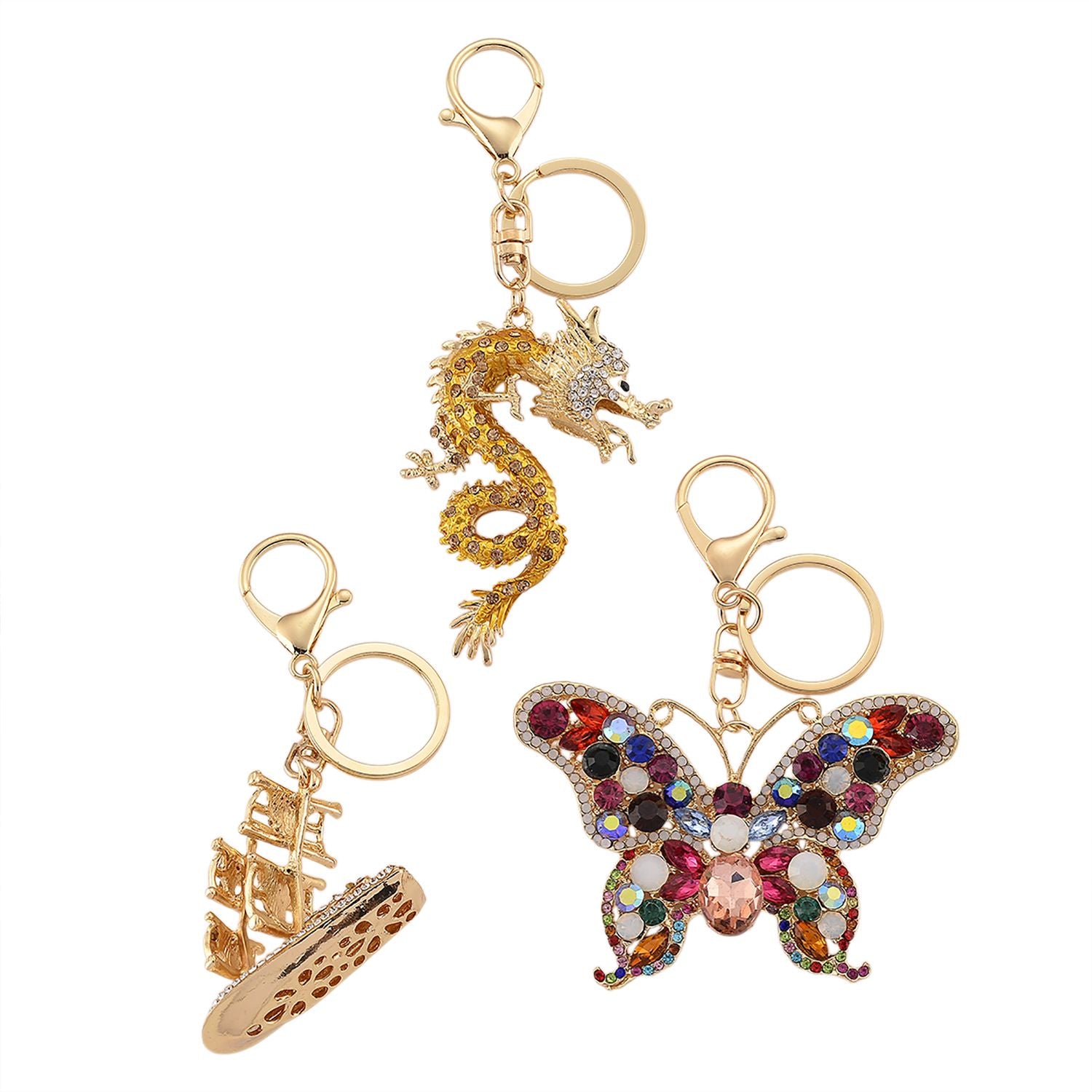 3er Set dekorative Design Schlüsselanhänger Legierung emailliert mit schwarzen Kristallen, 20 x 20 cm, goldfarben, ca. 0.05 ct