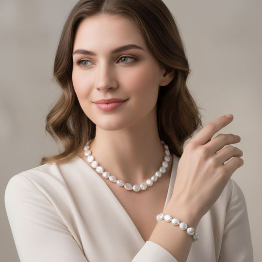 EINMALIGES ANGEBOT - 2er Set Weiße Keshi Perl Halskette und Armband, 316L Weiß Edelstahl