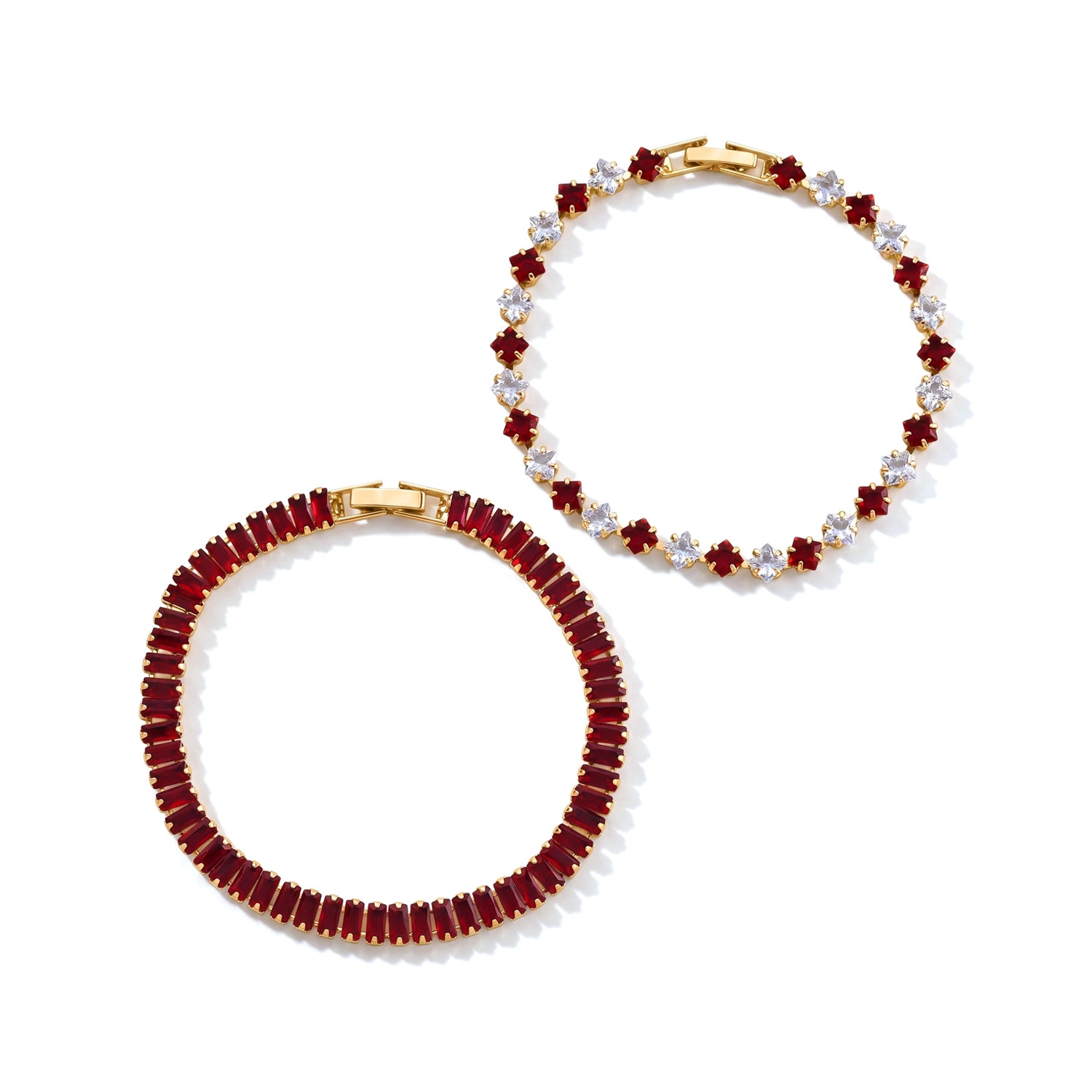 2er Set - Granat Zirkonia, Weißer Zirkonia Armband ca. 19 cm, Nickelfreies Messing, Goldfarben