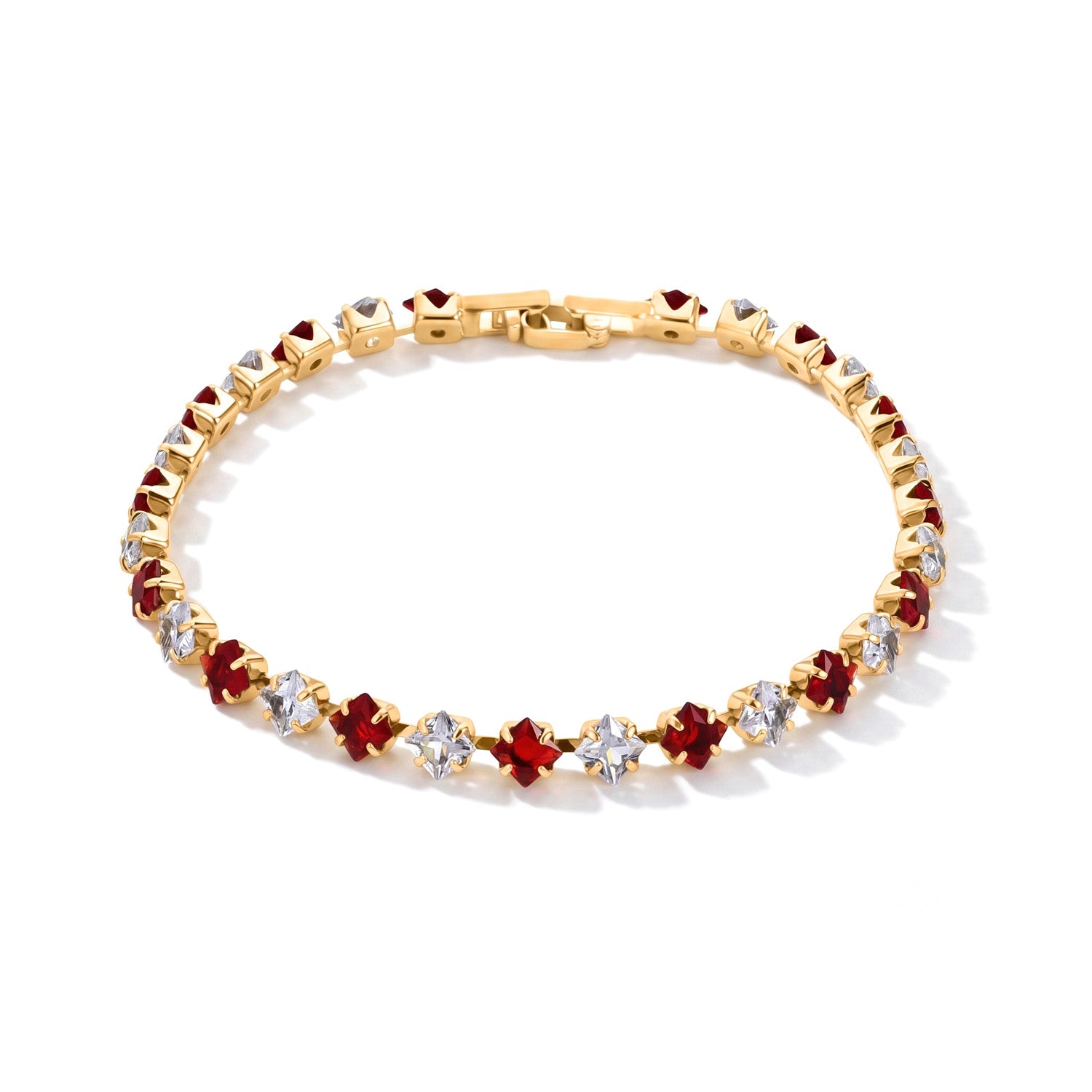 2er Set - Granat Zirkonia, Weißer Zirkonia Armband ca. 19 cm, Nickelfreies Messing, Goldfarben
