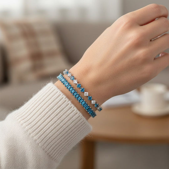 2er Set - Blauer Zirkonia, Weißer Zirkonia Armband ca. 19 cm, Nickelfreies Messing