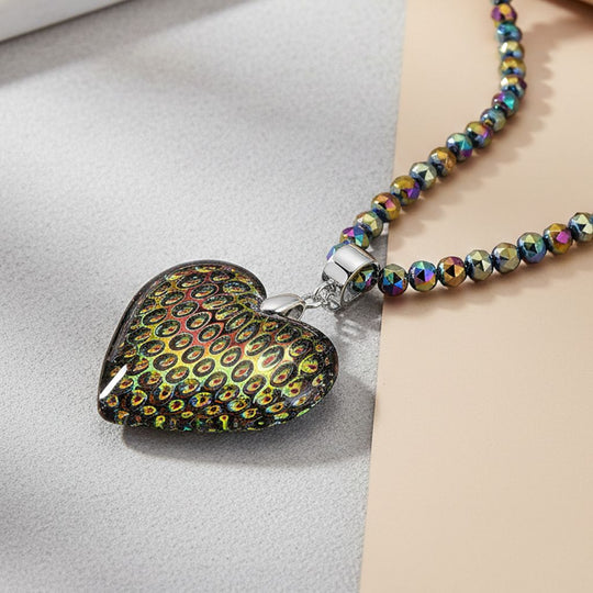 2er Set - Mysticher regenbogen Kristall Herz Anhänger und beads Halskette mit Varioclip-Verschluss, ca. 50 cm