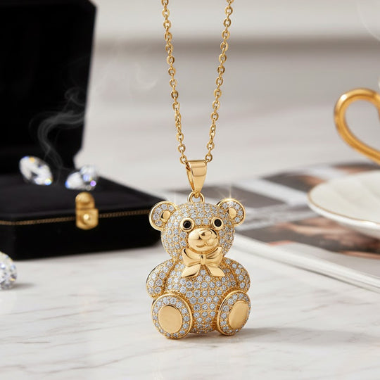 Teddybär-Anhänger mit Kette mit weißem und schwarzem Zirkonia, ca. 50 cm, 1,92 ct
