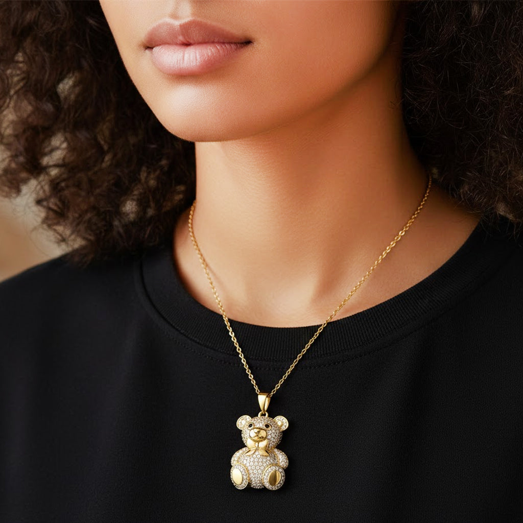 Teddybär-Anhänger mit Kette mit weißem und schwarzem Zirkonia, ca. 50 cm, 1,92 ct