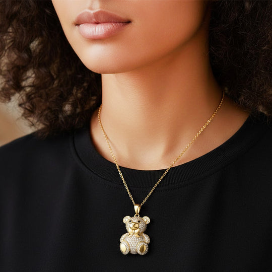 Teddybär-Anhänger mit Kette mit weißem und schwarzem Zirkonia, ca. 50 cm, 1,92 ct