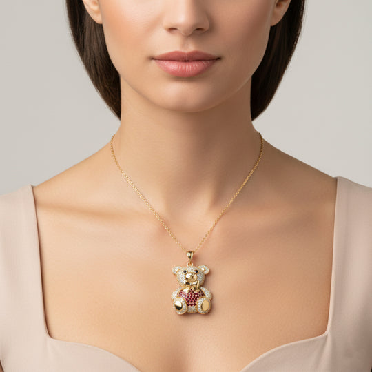 Teddybär-Anhänger mit Kette und grünem Zirkonia, ca. 50 cm, 2,00 ct