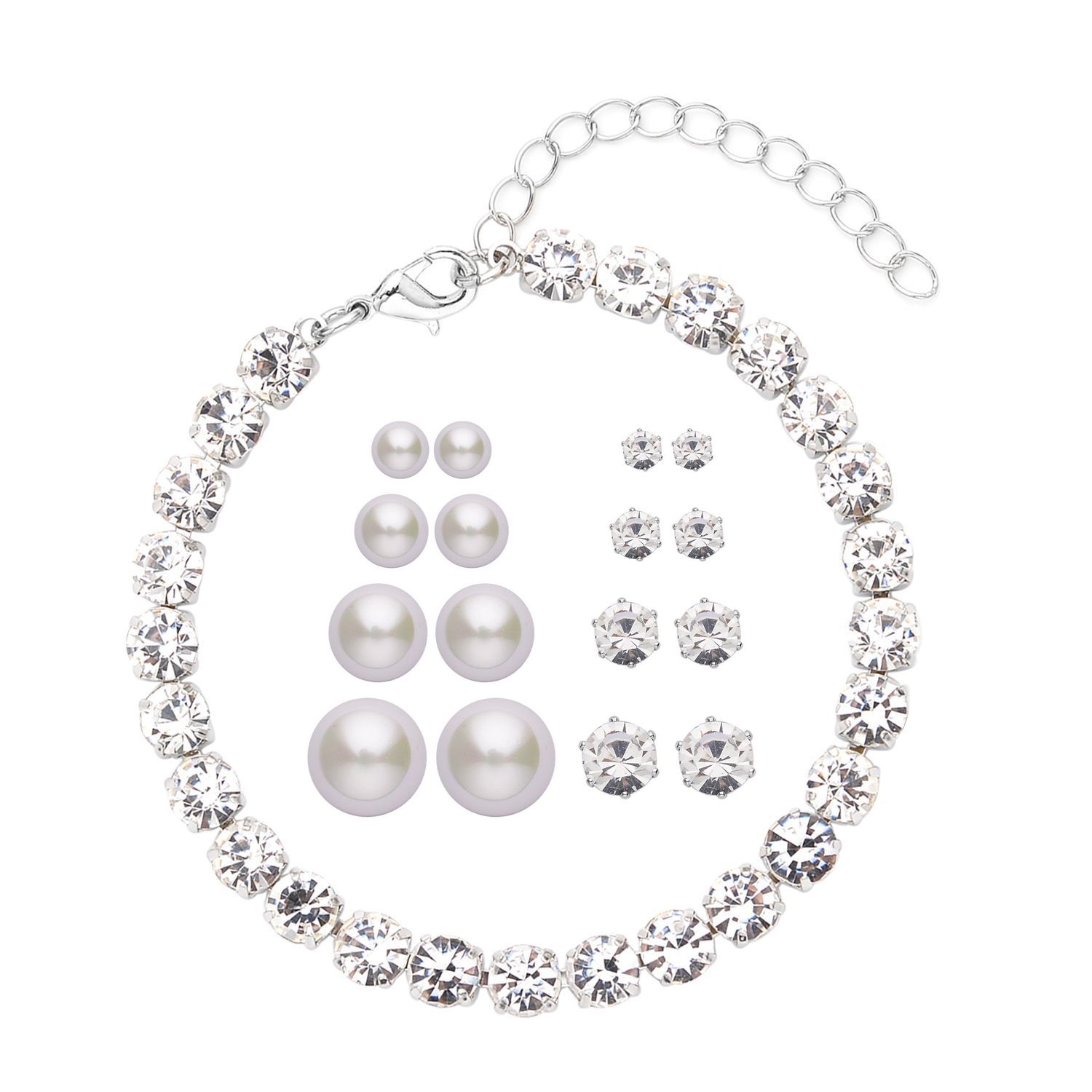 Weiße Muschelkernperle (4-10 mm), Weißer Kristall Schmuckset 316L Edelstahl, Nickelfreies Messing