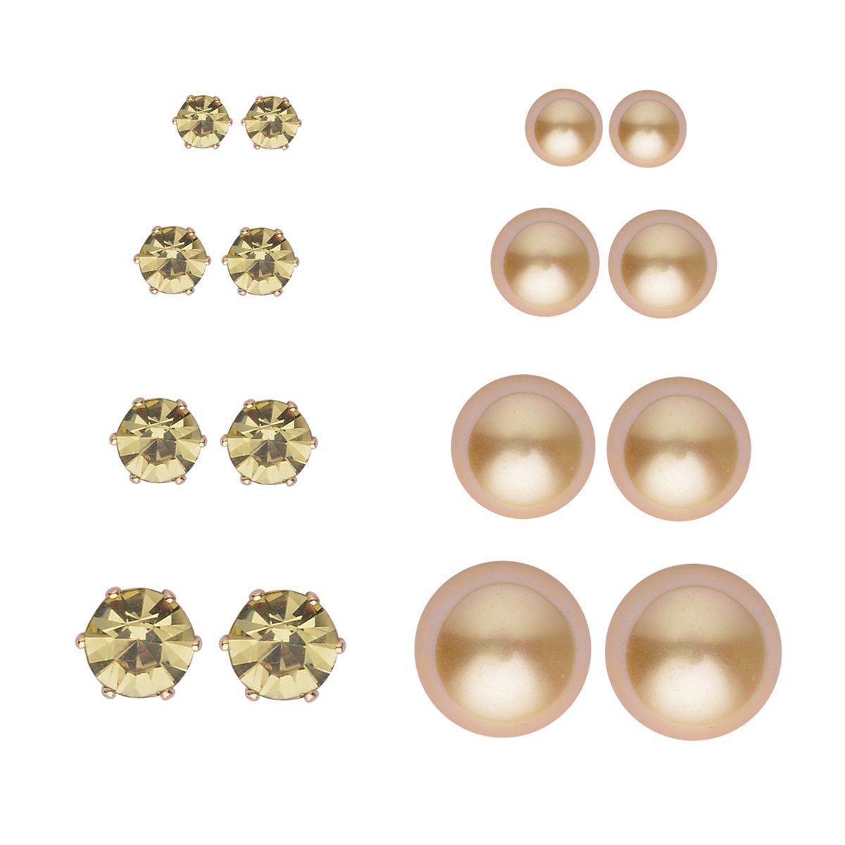 9er Set - Goldene Muschelkernperle Armband und Ohrringe (4-10 mm), Gelber Kristall, 316L Edelstahl Gelb, Nickelfreies Messing, Goldfarben