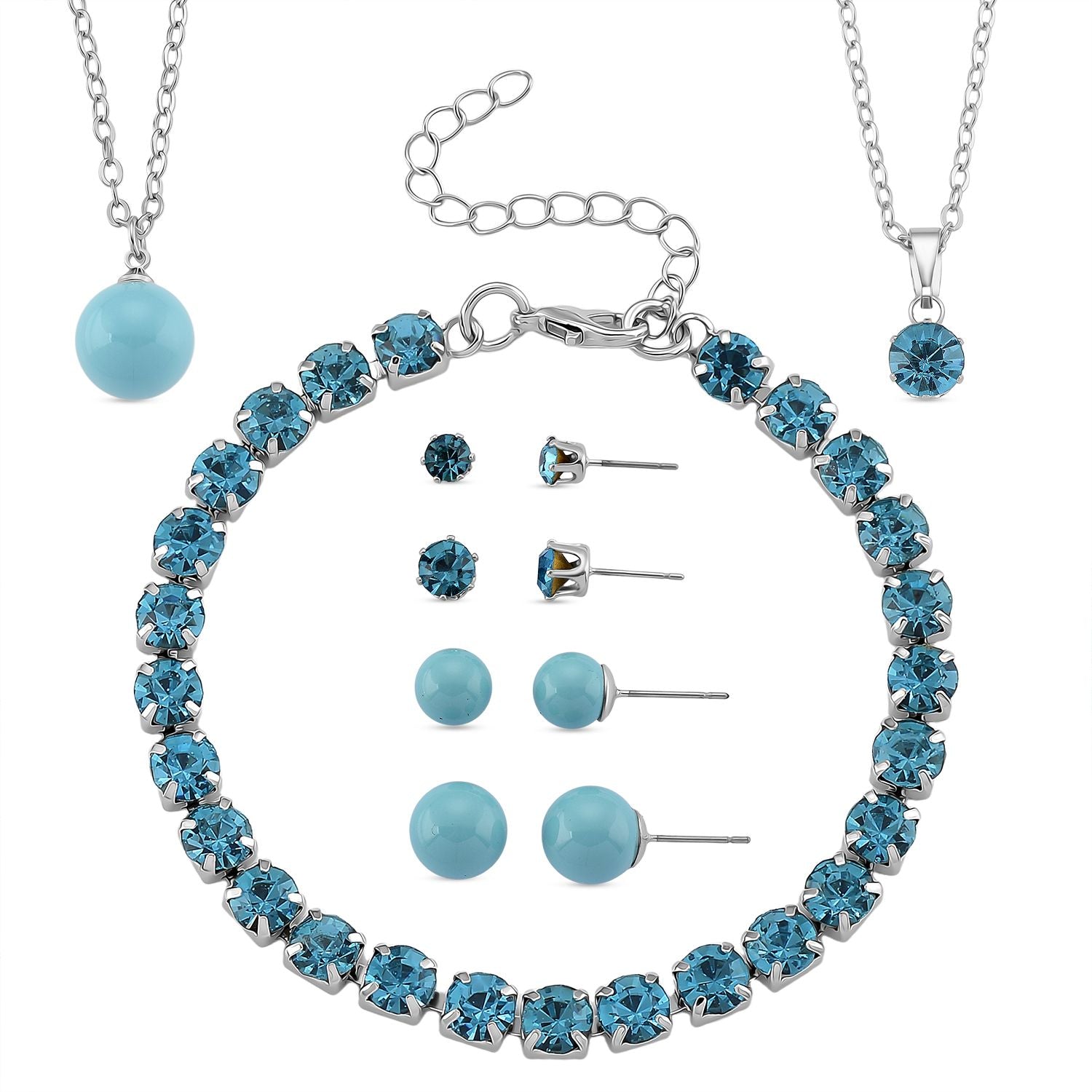 Blauer Muschelkernperle (8-12 mm), Blau Kristall Schmuckset 316L Edelstahl, Nickelfreies Messing