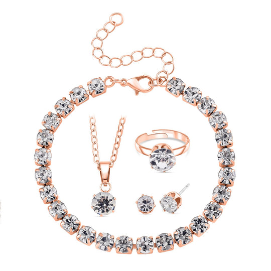 4er Set - Weißer Kristall Schmuckset Nickelfreies Messing rosévergoldferben, Flexibles (Größe 17.00-18.00)