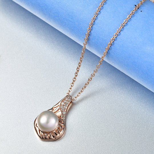 EVER TRUE Pfirsich-Süßwasser Perle (9-9.5 mm), Weißer Zirkon Anhänger, roséfarbenes nickelfreies Messing, 316L Edelstahlkette 50 cm