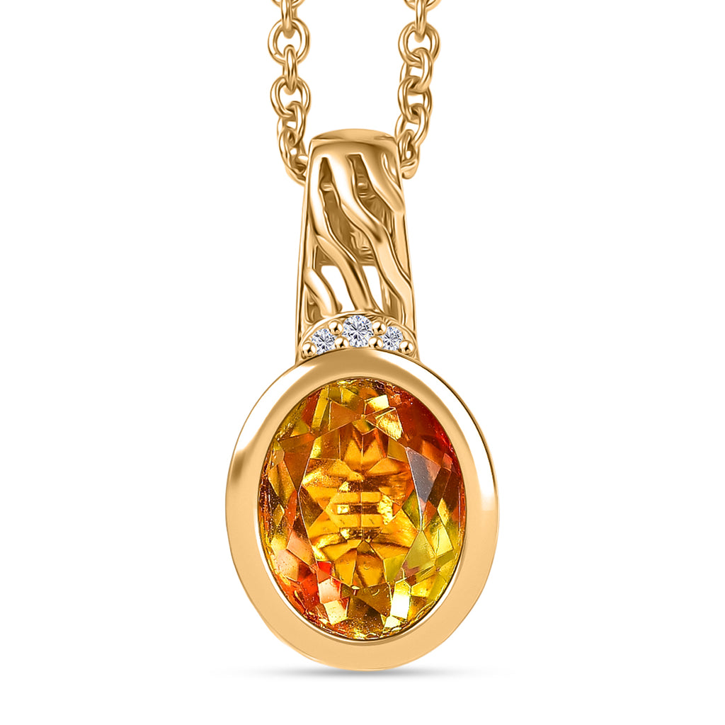 EVER TRUE Sphaleros Quarz, Weißer Zirkon Anhänger, goldfarbenes nickelfreies Messing, 316L Edelstahlkette 50 cm, ca. 3.19 ct