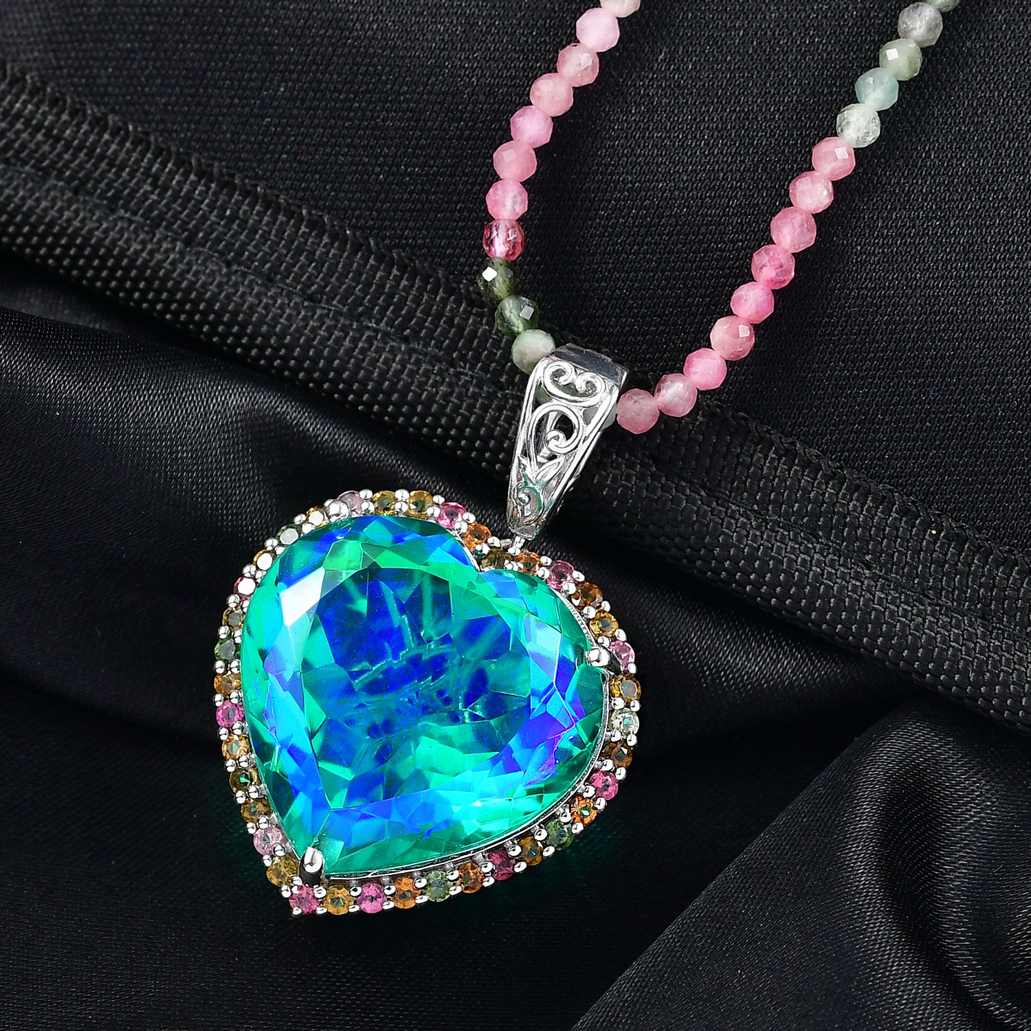 D'Joy Pfau Quarz Triplette, Mehrfarbig-Turmalin Schmuckset ca. 50 cm 925 Silber rhodiniert ca. 83,86 ct.