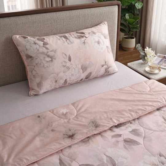 SERENITY NIGHT High-Tech Cooling-Steppdecken-Set mit edler, temperaturregulierender Maulbeeren-Seiden-Füllung und MOP Knöpfe, 135x200 - 40x80 cm, Rosa