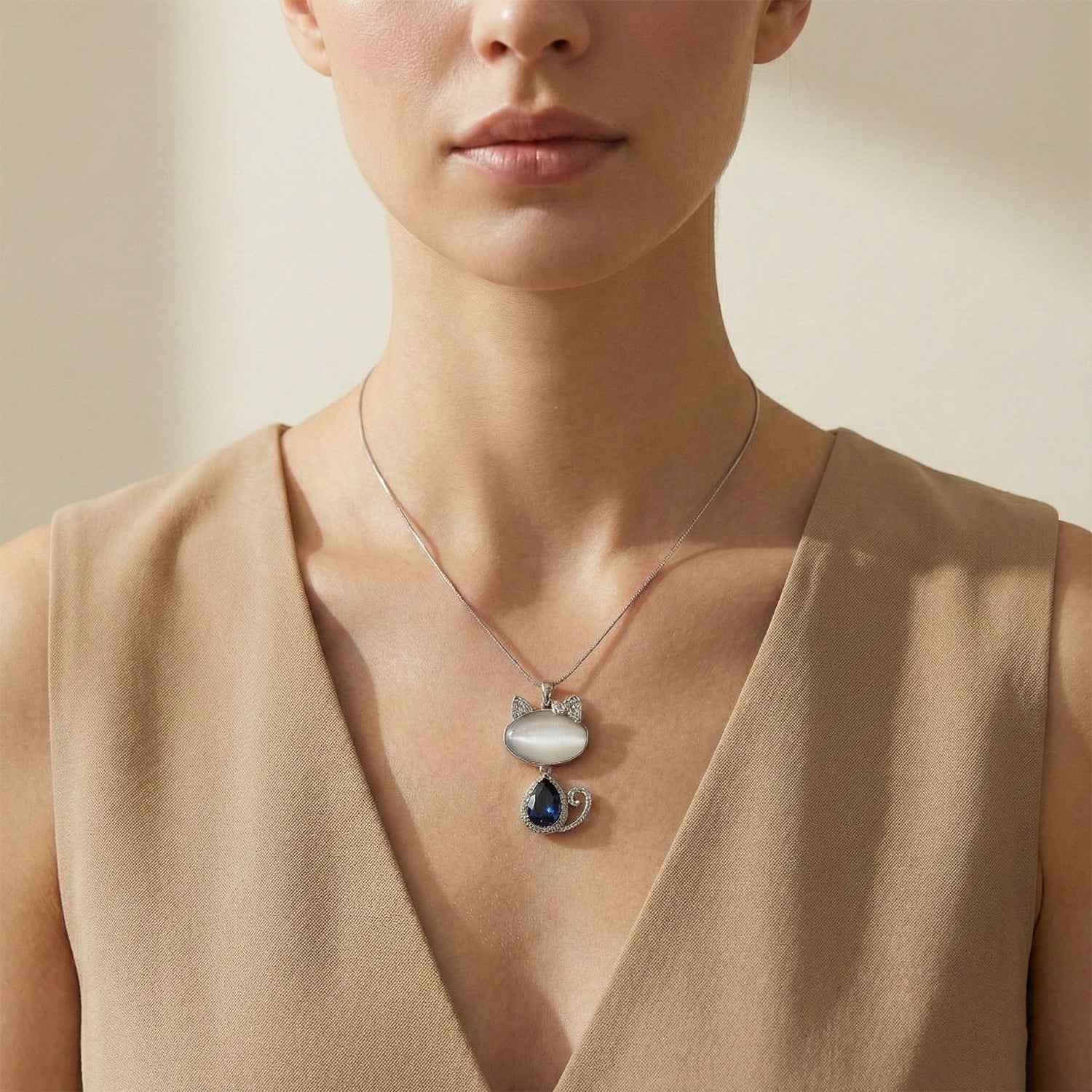 Erstellt weißes Katzenaugen, Blau Kristall Anhänger mit Kette ca. 63.5 cm + 5 cm Extender