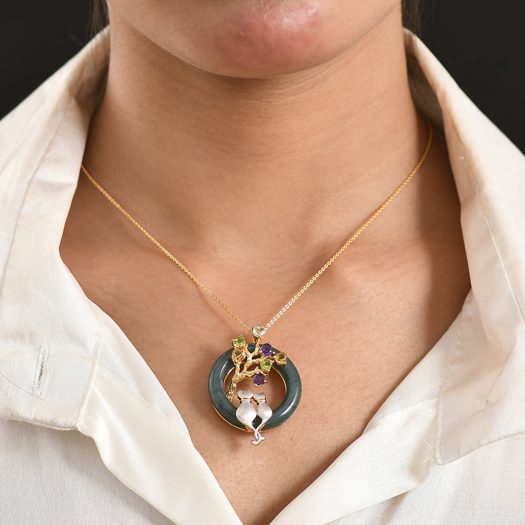 GP - Olmek Jade, Himmelblauer Topas Schmuckset ca. 50 cm 925 Silber 750 Gelbgold Vermeil ca. 27.47 ct