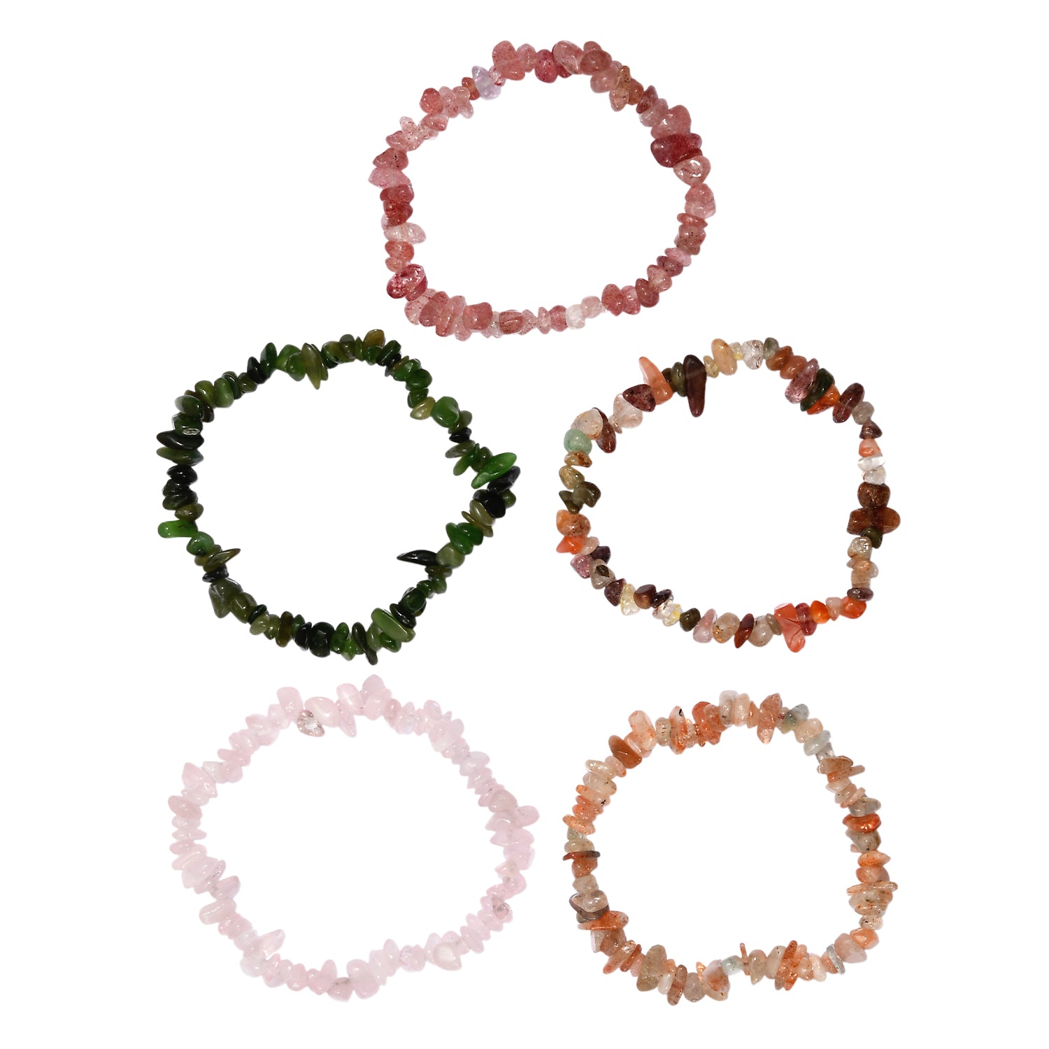 5er Set - Nephrit, Rosenquarz, Erdbeer Quarz, Mehrfarbiger Rutilquarz, Sonnenstein Armband flexibles ca. 7.5 cm, ca. 320.00 ct