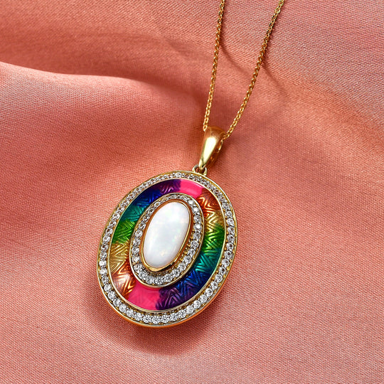 D'Joy AA Natürlicher, äthiopischer Welo Opal, Weißer Zirkon Schmuckset ca. 50 cm 925 Silber 750 Gelbgold Vermeil ca. 2.72 ct