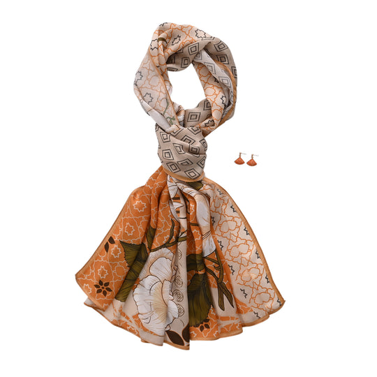 LA MAREY Signature Set mit Seidenschal und Seidentropfen-Ohrringen, 100% Maulbeerseide, 65 x 170 cm, Orange