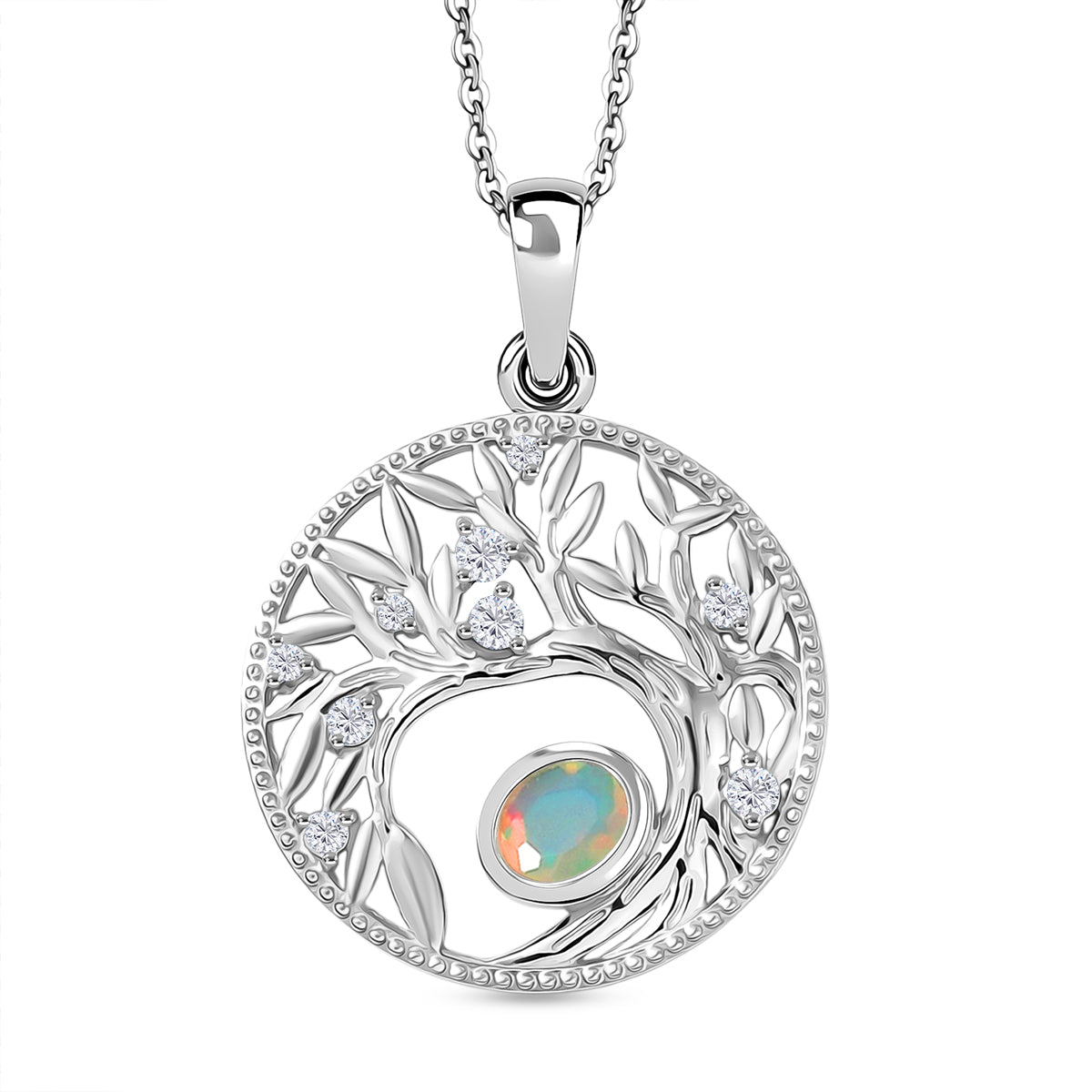 AA Natürlicher, äthiopischer Welo Opal, Weißer Zirkon Anhänger mit Kettte, ca. 50 cm 925 Silber Platiniert ca. 0.41 ct