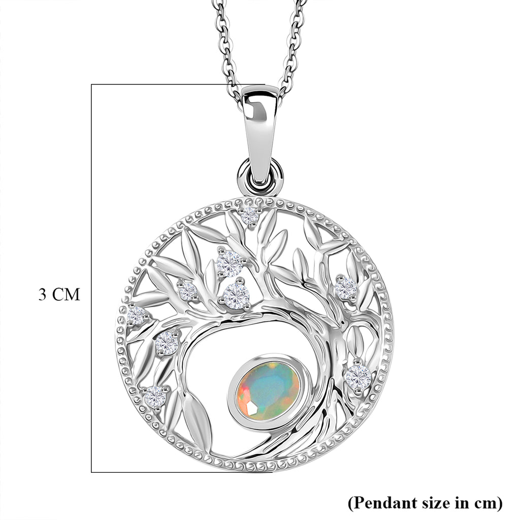 AA Natürlicher, äthiopischer Welo Opal, Weißer Zirkon Anhänger mit Kettte, ca. 50 cm 925 Silber Platiniert ca. 0.41 ct