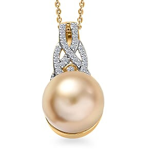 D'Joy AA Goldene Südsee Perle (11-12 mm), Lab Grown Diamant Schmuckset ca. 50 cm 925 Silber 750 Gelbgold vermeil