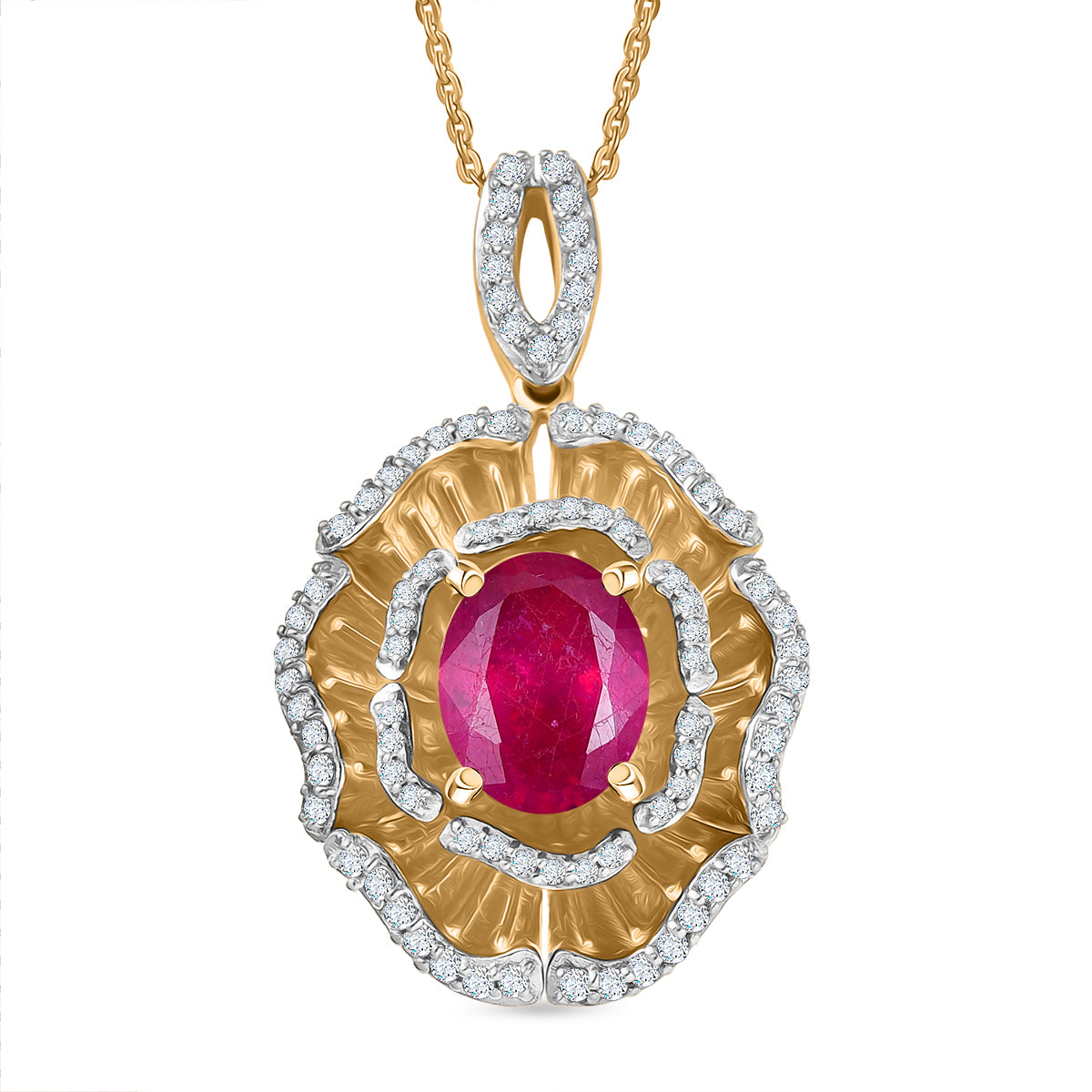 D'Joy - Liebe in Blüte Afrikanischer Rubin (Fissure gefüllt), Weißer Zirkon Anhänger mit Kette, ca. 50 cm 925 Silber 750 Gelbgold Vermeil ca. 3.59 ct