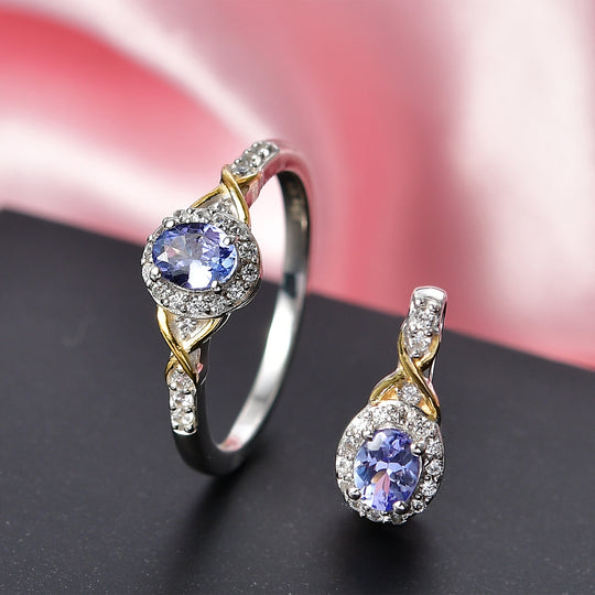 D'Joy Tansanit Schmuckset 925 Silber platiniert und vergoldet (Größe 21) ca. 1,13 ct.