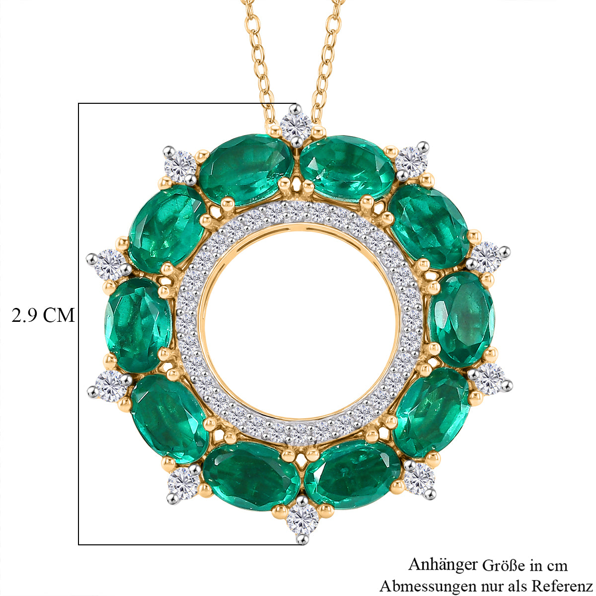 D'Joy Smaragd-Quarz Triplette, Weißer Zirkon Schmuckset ca. 50 cm 925 Silber 750 Gelb Vergoldet ca. 6,53 ct.