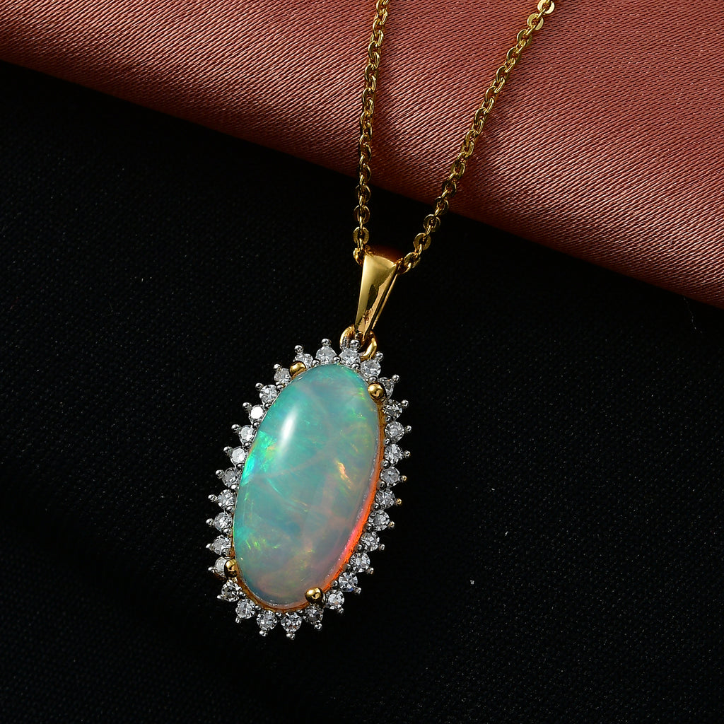 LUXURIANT - AAA Natürlicher, äthiopischer Welo Opal, Lab Grown Diamant Schmuckset ca. 50 cm 925 Silber 750 Gelbgold vermeil ca. 3.83 ct