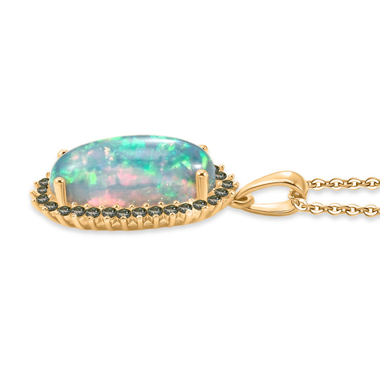 LUXURIANT - AAA Natürlicher, äthiopischer Welo Opal, Lab Grown Grüner Diamant Schmuckset ca. 50 cm 925 Silber 750 Gelbgold vermeil ca. 3.83 ct
