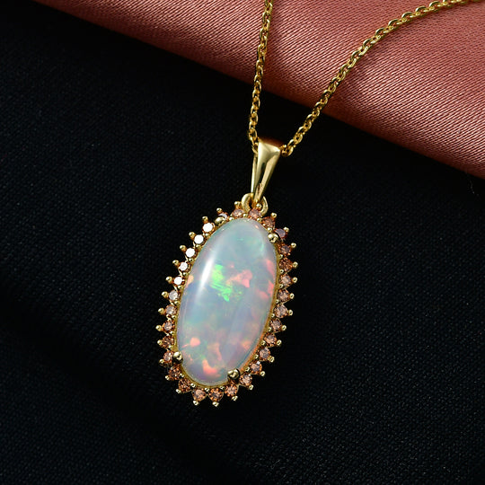 LUXURIANT - AAA Natürlicher, äthiopischer Welo Opal, Lab Grown Roter Diamant Schmuckset ca. 50 cm 925 Silber 750 Gelbgold vermeil ca. 3.98 ct