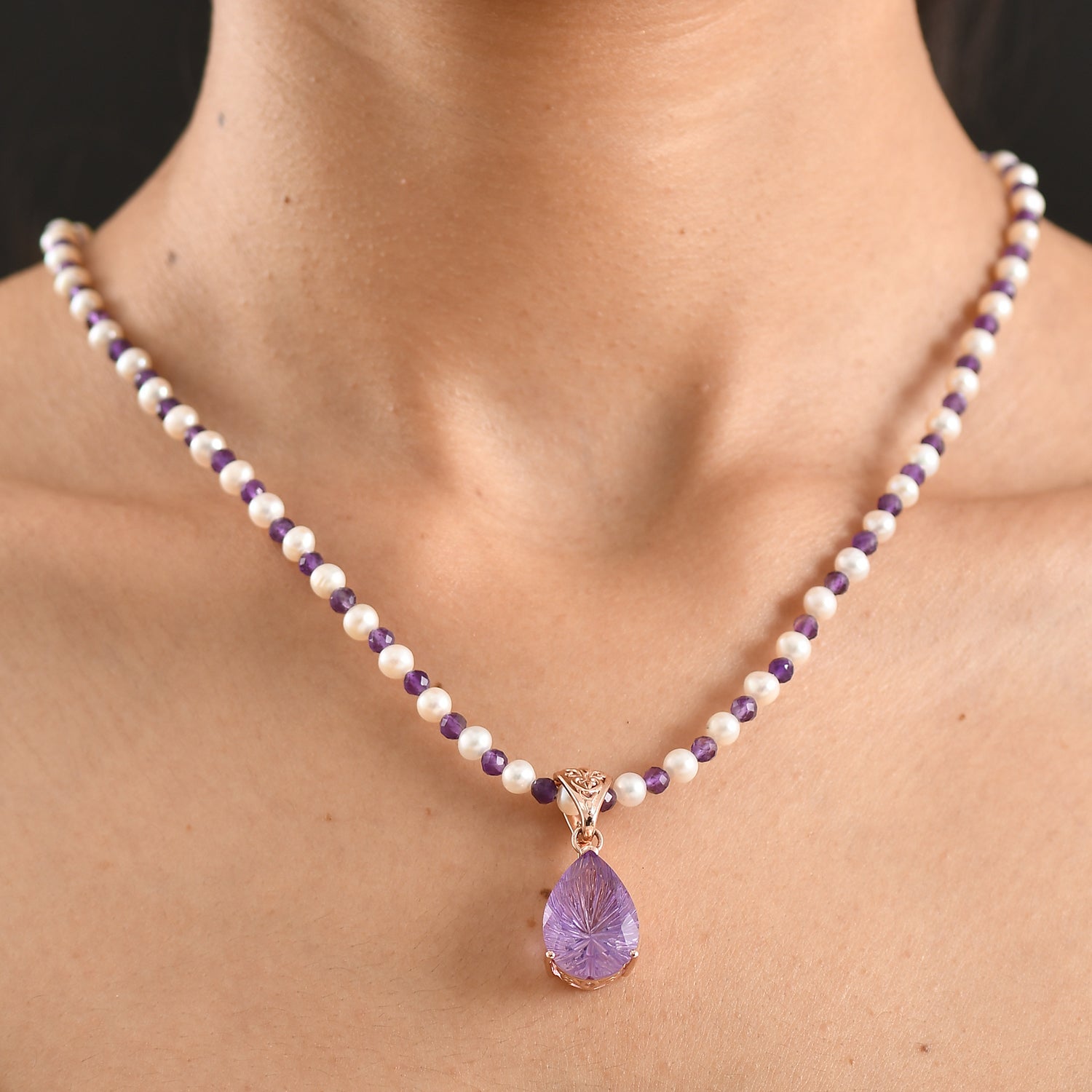 D'Joy AA Rose De France Amethyst, Perle Schmuckset ca. 50 cm 925 Silber 750 Roségold Vermeil 30.36 ct