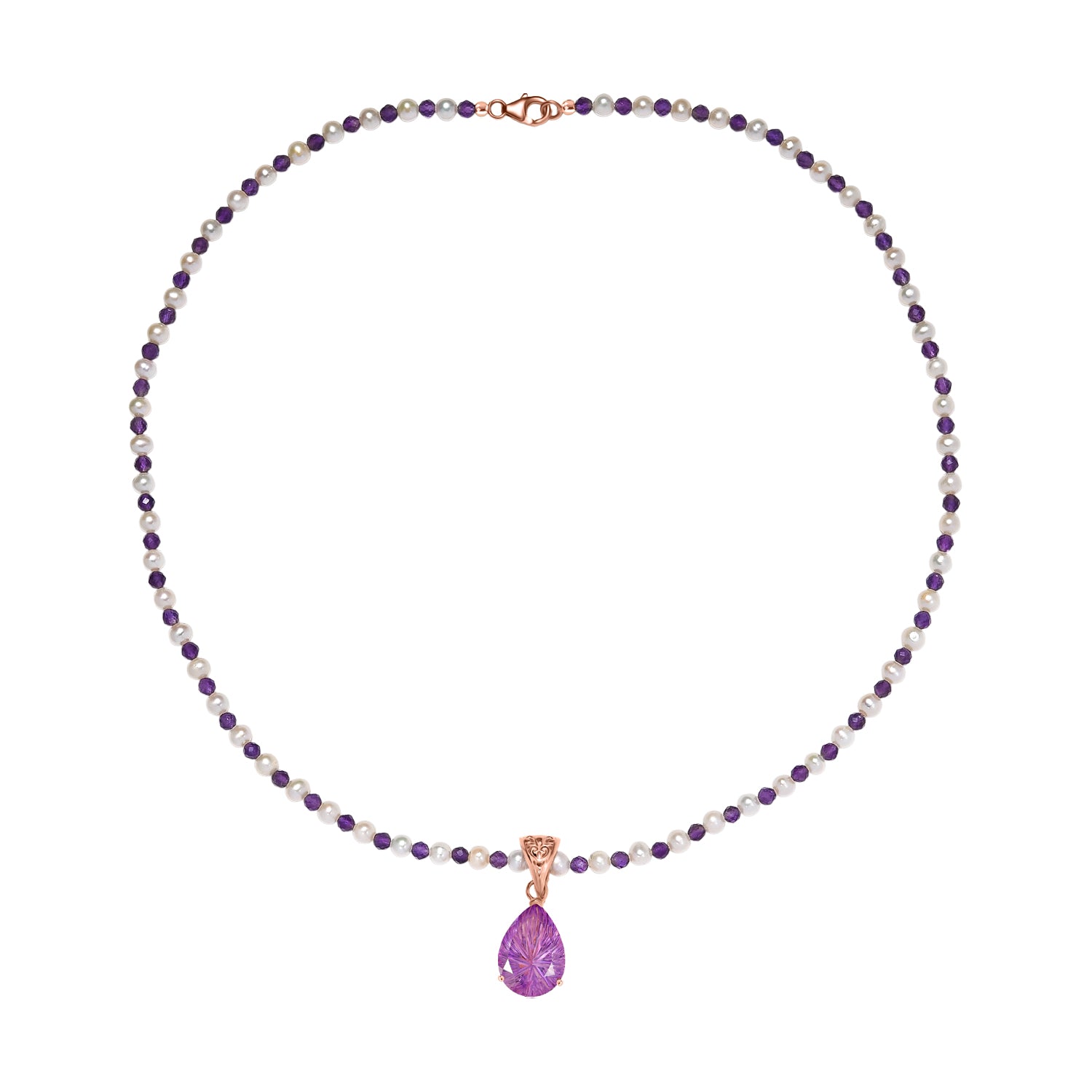 D'Joy AA Rose De France Amethyst, Perle Schmuckset ca. 50 cm 925 Silber 750 Roségold Vermeil 30.36 ct