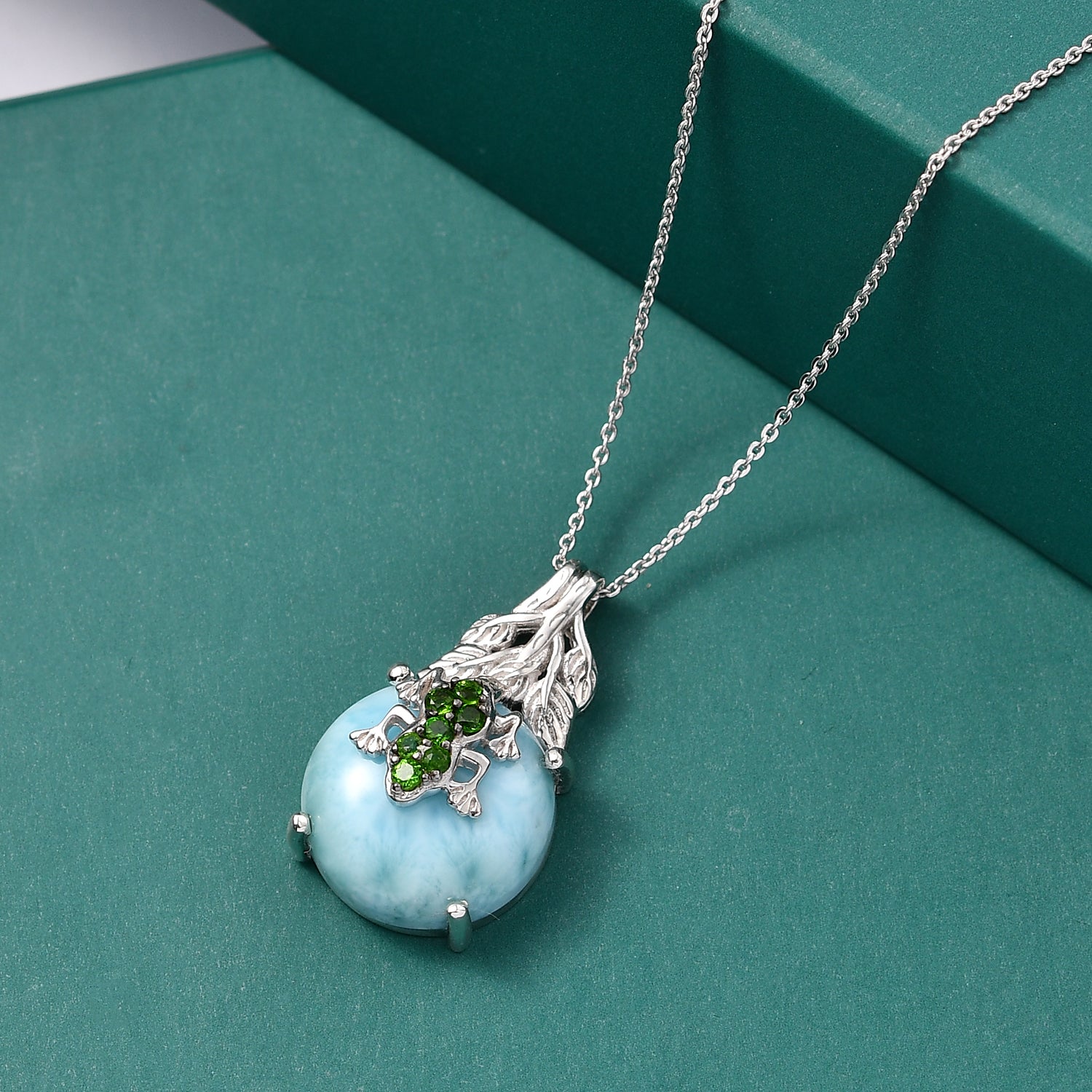 GP - Larimar, Natürlicher Chromdiopsid Schmuckset ca. 50 cm 925 Silber rhodiniert ca. 15,43 ct.