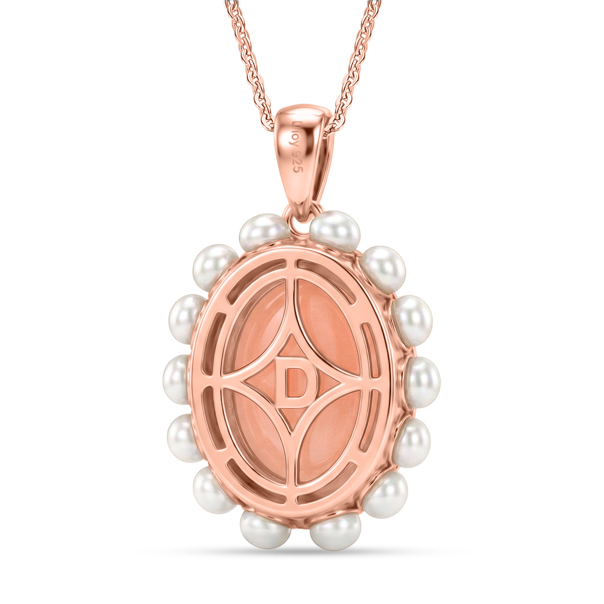 D'Joy AA Rosa Opal, Süßwasser Perle (3mm) Anhänger mit Kette, ca. 50 cm 925 Silber 750 Roségold Vermeil