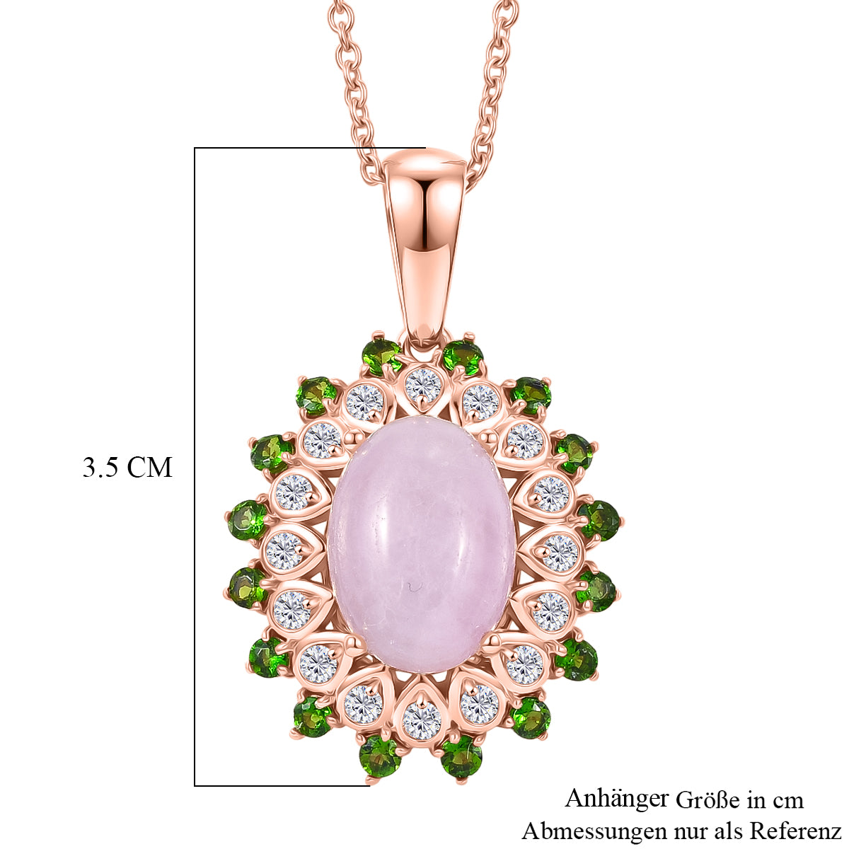 EVER TRUE Kunzit, Natürlicher Chromdiopsid Anhänger, Roségoldfarben nickelfreies Messing, 316L Edelstahlkette 50 cm ca. 8.02 ct
