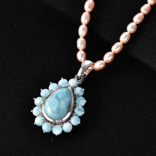 D'Joy Larimar-Anhänger mit Perlenkette ca. 50 cm 925 Silber rhodiniert