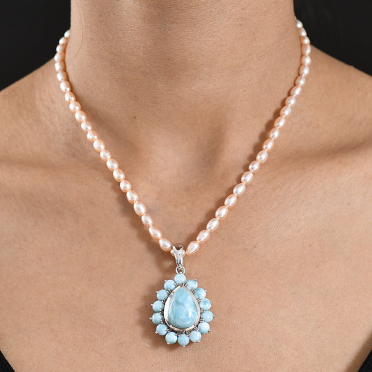 D'Joy Larimar-Anhänger mit Perlenkette ca. 50 cm 925 Silber rhodiniert