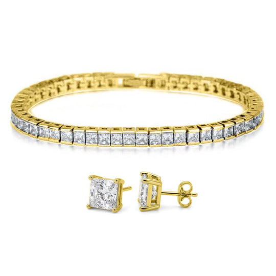2er Set- Weißer Zirkonia Armband und Ohrringe, Nickelfreies Messing, goldfarben