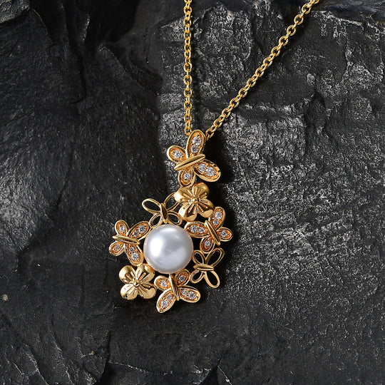 EVER TRUE Süßwasser Perle (8.5-9 mm), Weißer Zirkon Anhänger mit Kette, ca. 50 cm