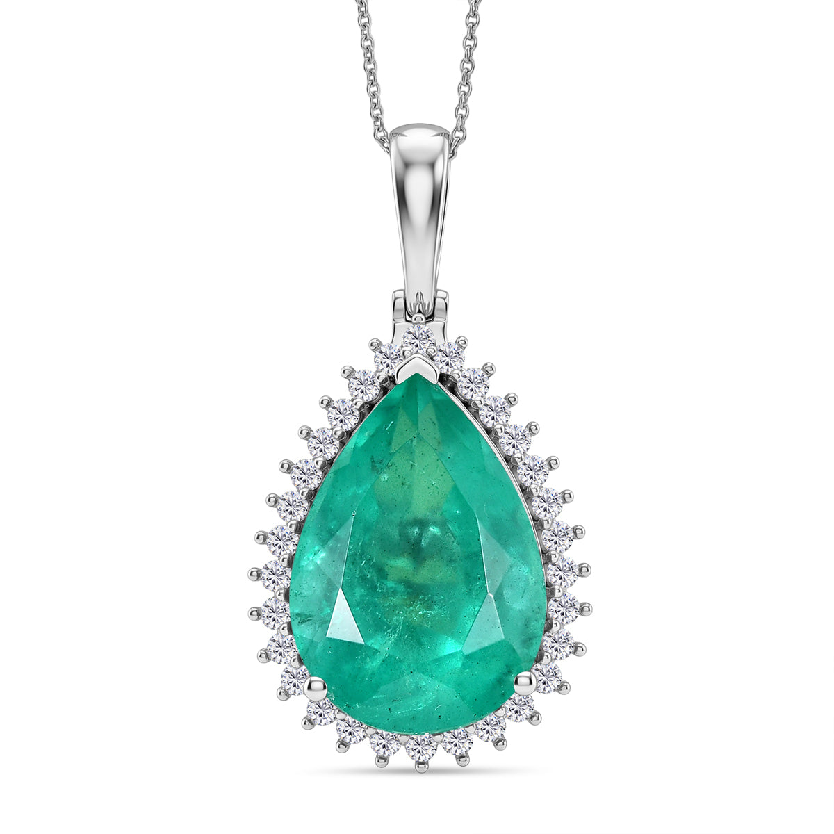 Smaragd-Quarz Triplette, Weißer Zirkon Schmuckset ca. 50 cm 925 Silber Rhodiniert ca. 21.65 ct