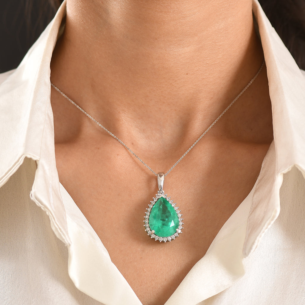 Smaragd-Quarz Triplette, Weißer Zirkon Schmuckset ca. 50 cm 925 Silber Rhodiniert ca. 21,65 ct.