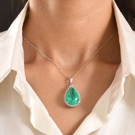 Smaragd-Quarz Triplette, Weißer Zirkon Schmuckset ca. 50 cm 925 Silber Rhodiniert ca. 21.65 ct