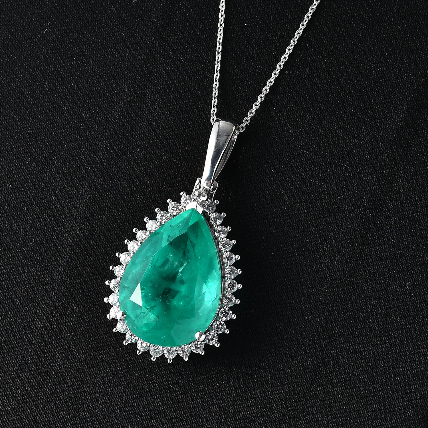 Smaragd-Quarz Triplette, Weißer Zirkon Schmuckset ca. 50 cm 925 Silber Rhodiniert ca. 21,65 ct.