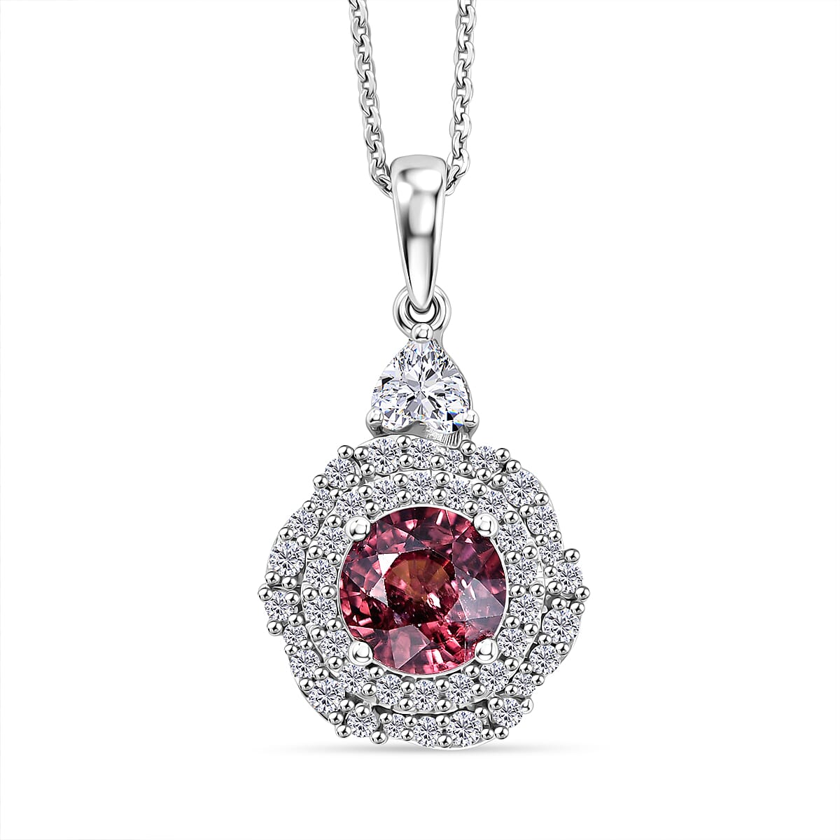 D'Joy AA Himbeer Zirkon, Moissanit AGI zertifiziert Schmuckset ca. 50 cm 925 Silber Rhodiniert ca. 2,65 ct.