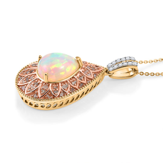 D'Joy AAA Natürlicher, äthiopischer Welo Opal, Natürlicher Rosa Diamant Schmuckset ca. 50 cm 925 Silber 750 Gelbgold vermeil ca. 3.62 ct
